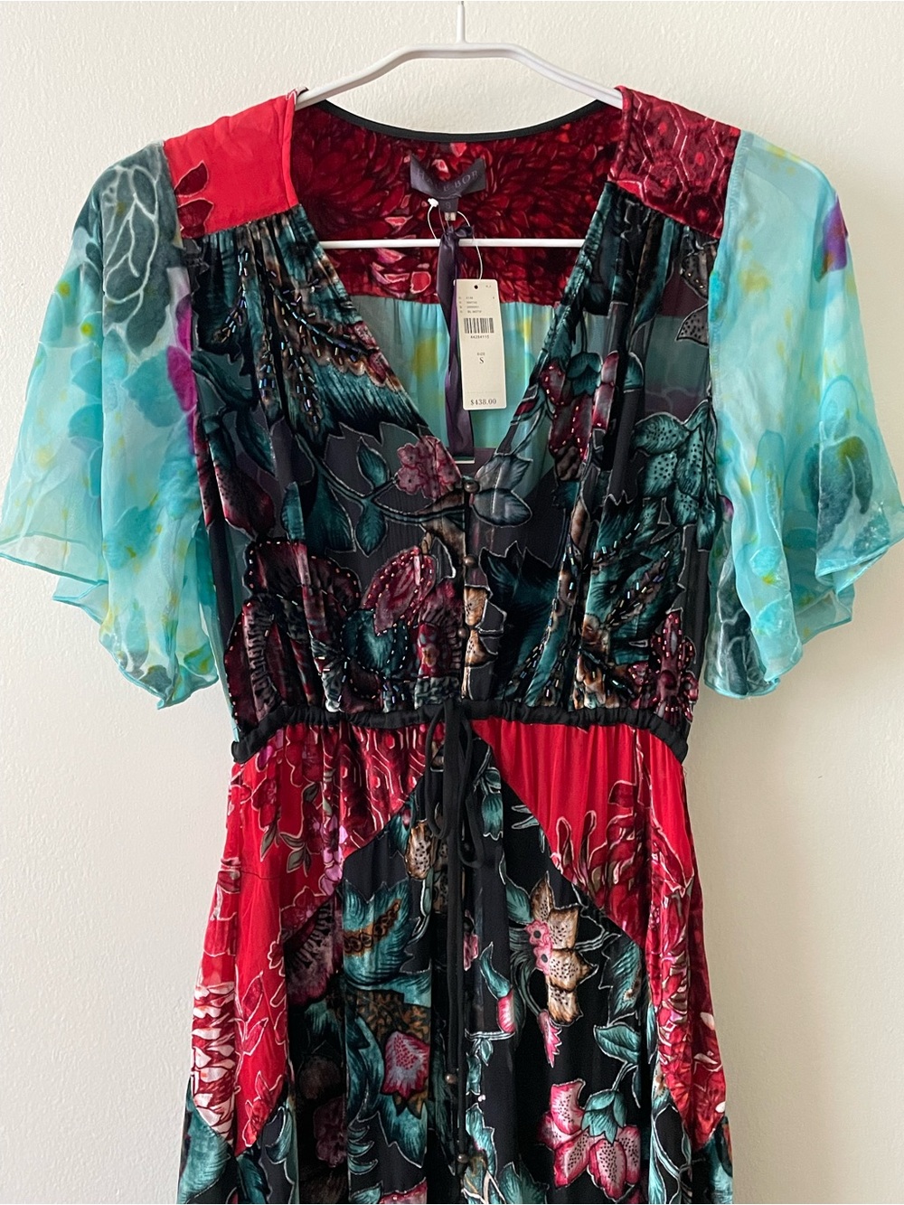 NWT Hale Bob 100% Silk Burnout Velvet Beaded Floral Maxi Dress, Size S - $438